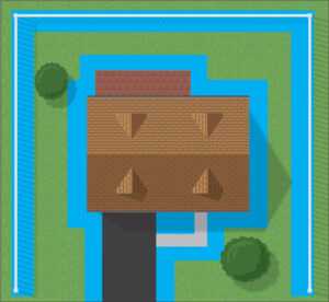 A top-down view of a house with a brown roof, surrounded by blue Ecogen shading. The blue area extends around the house and along a fence at the edge of a green lawn with two trees and a driveway.