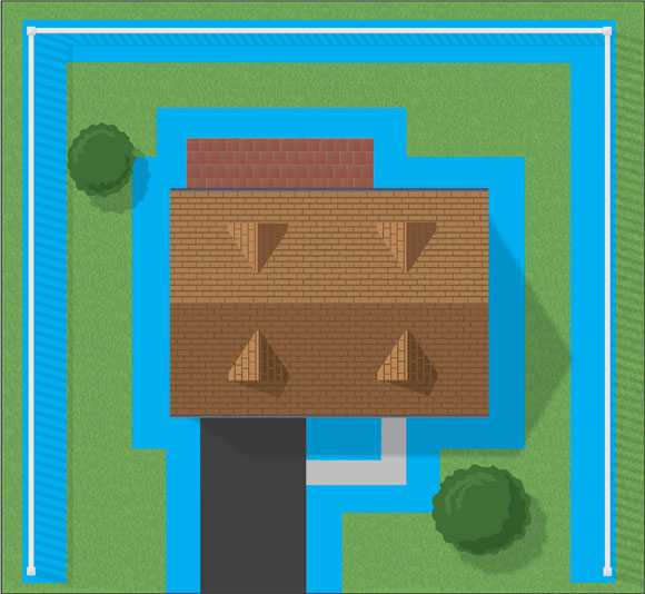 A top-down view of a house with a brown roof, surrounded by blue Ecogen shading. The blue area extends around the house and along a fence at the edge of a green lawn with two trees and a driveway.
