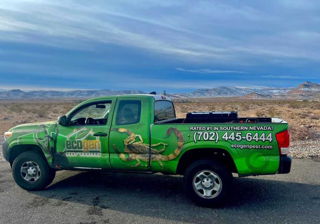 A green Ecogenpest truck with large insect graphics is parked roadside against a desert landscape and mountain backdrop. The Ecogen Pest Control vehicle displays the company’s phone number and website.