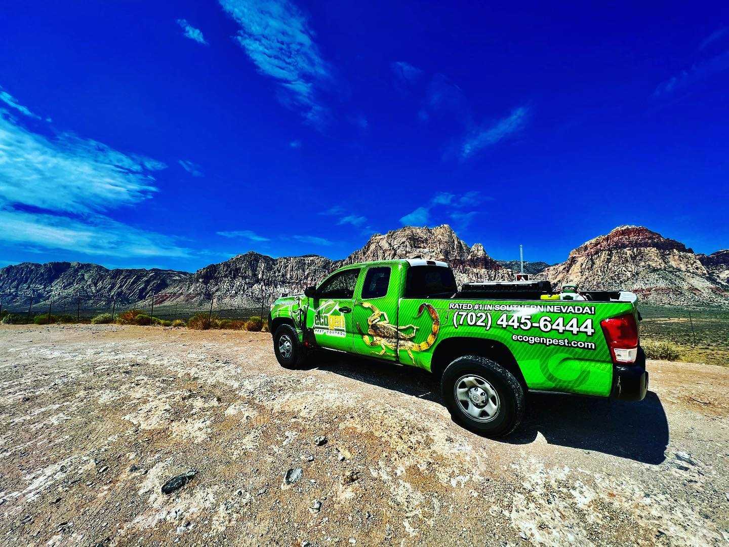 A green Ecogen truck with pest control advertising is parked on gravel, set against mountains and a blue sky. The contact number and Ecogenpest website are clearly visible on the truck's side and back.