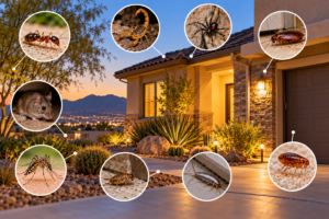 A suburban house at dusk surrounded by circular insets featuring common household pests, illustrating year-round pest control for desert homes.
