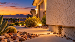 A line of ants crawls along a house foundation at sunset, highlighting the importance of pest prevention against a suburban desert landscape.