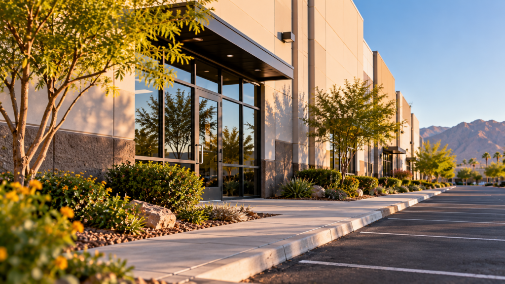 Modern commercial building exterior with a glass entrance, sidewalk, and parking lot at sunrise, with mountains in the background, a common site for commercial pest control and monitoring.
