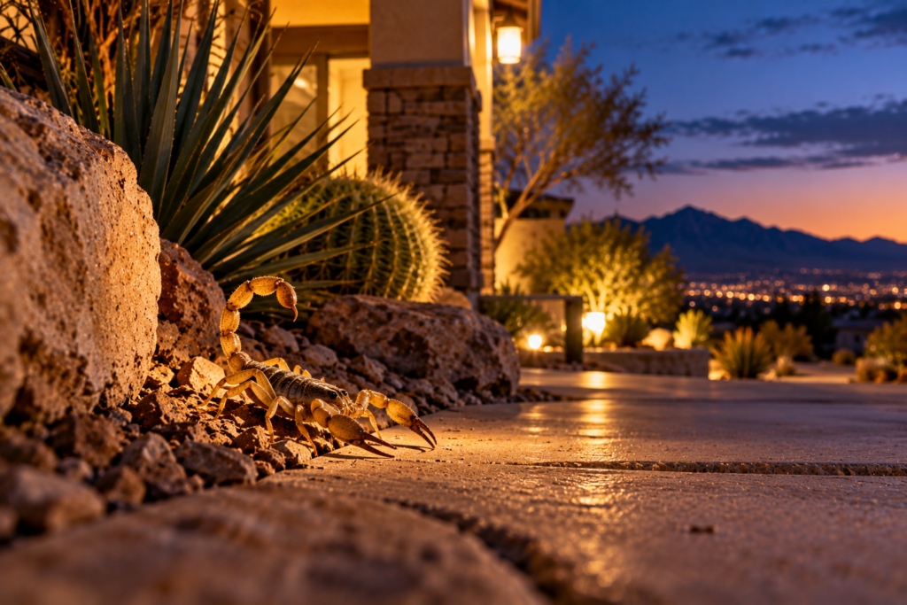 A scorpion crawls on rocks beside a lit patio at dusk, signaling a potential scorpion infestation with a desert city view in the background.