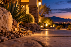 A scorpion crawls on rocks beside a lit patio at dusk, signaling a potential scorpion infestation with a desert city view in the background.